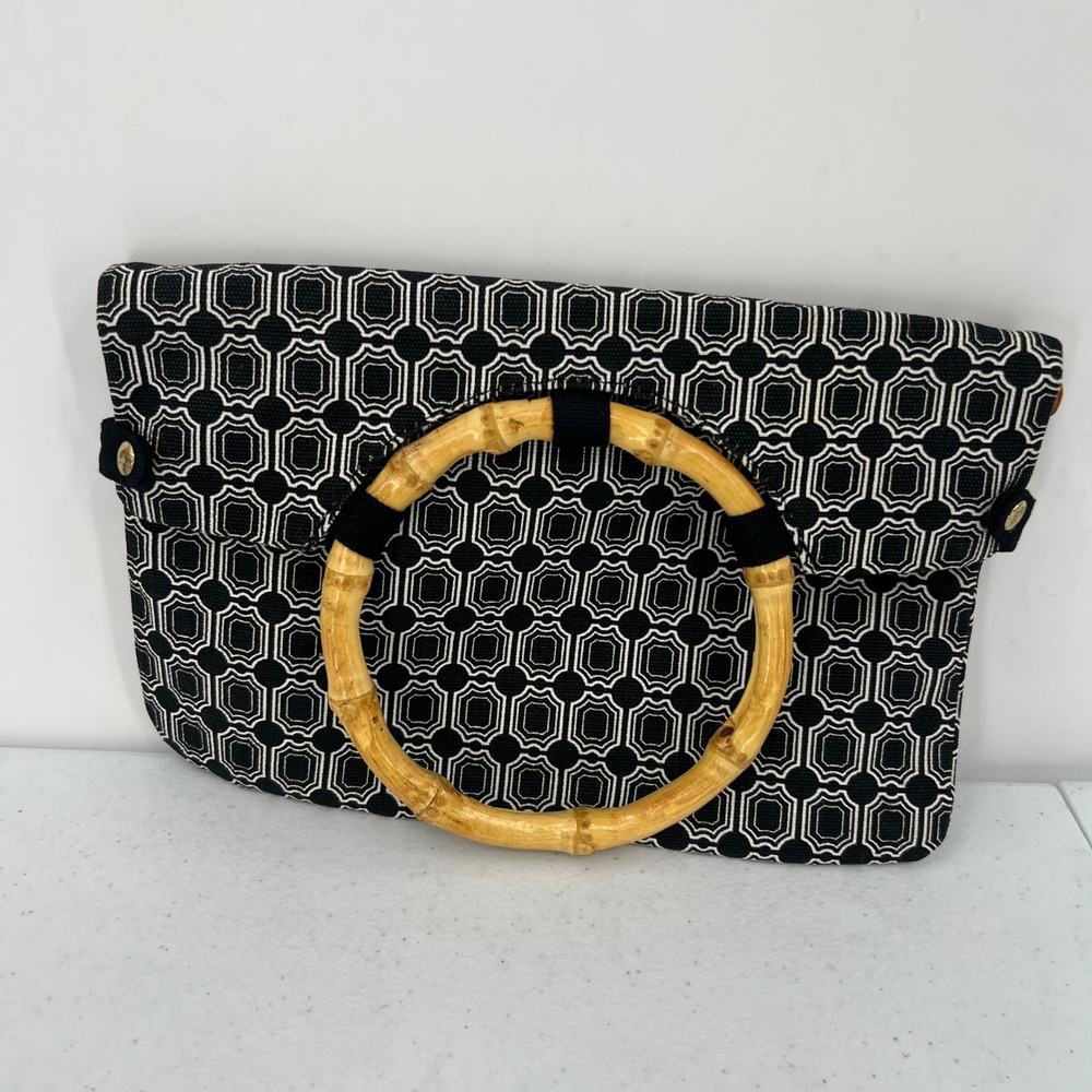 Old Navy Black White Geometric Printed Canvas Bamboo Handle Foldover Clutch Bag